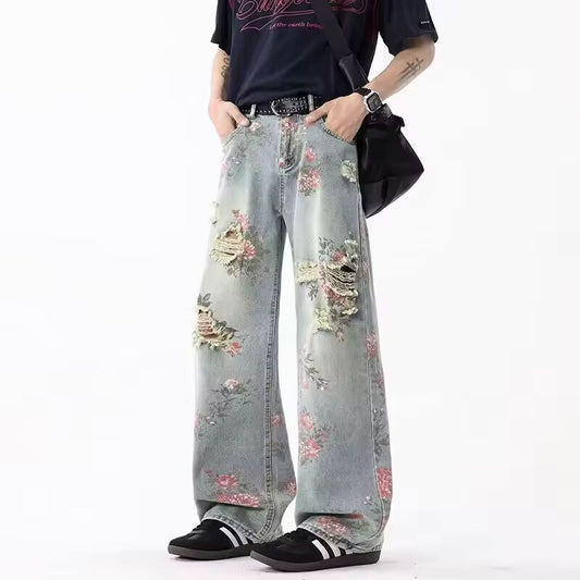 Summer Retro Peony Flower Jacquard Ripped Jeans For Men Graphic Printed Straight Baggy Jean New Y2K Streetwear Denim Pants
