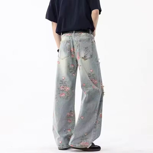 Summer Retro Peony Flower Jacquard Ripped Jeans For Men Graphic Printed Straight Baggy Jean New Y2K Streetwear Denim Pants