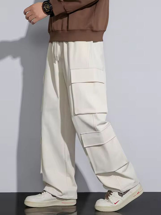 Men's Wide Leg Cargo Pants 2025 Spring Summer High Street Fashion Multi-Pocket Casual Pants Big Size Loose Fit Straight Trousers