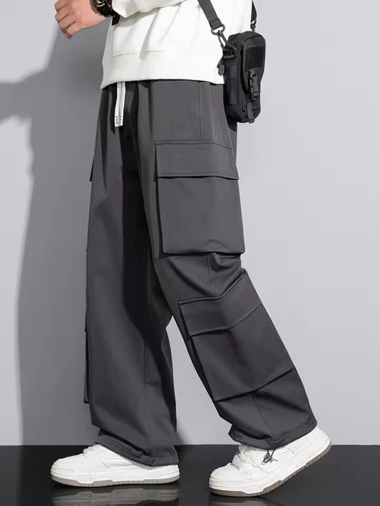 Men's Wide Leg Cargo Pants 2025 Spring Summer High Street Fashion Multi-Pocket Casual Pants Big Size Loose Fit Straight Trousers