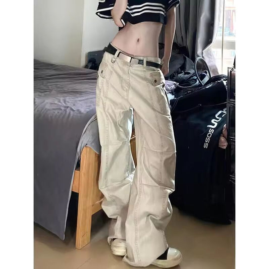 Khaki Womens Jeans High Waist Vintage Straight Summer Y2K Classic Denim Pants Streetwear American Wide Leg Baggy Denim Trouser