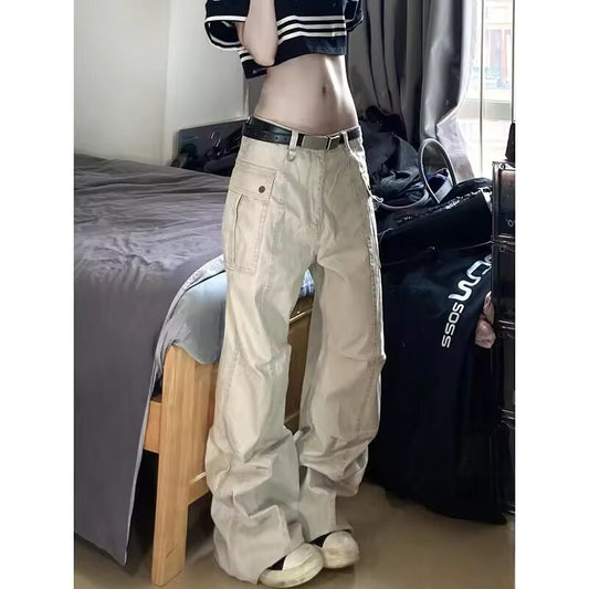 Khaki Womens Jeans High Waist Vintage Straight Summer Y2K Classic Denim Pants Streetwear American Wide Leg Baggy Denim Trouser